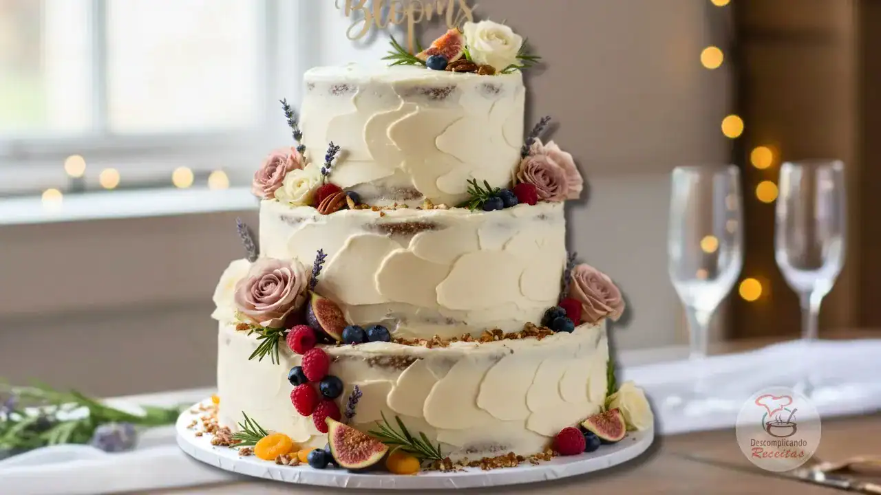 Bolo de Casamento Vegano com Cobertura de Cream Cheese de Castanhas